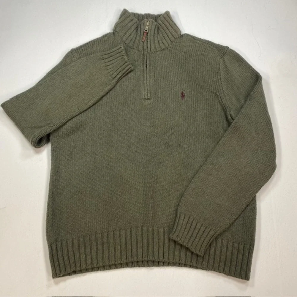 Polo Ralph Lauren Mens Quarter Zip Sweater Olive Green Cotton Knit Large L